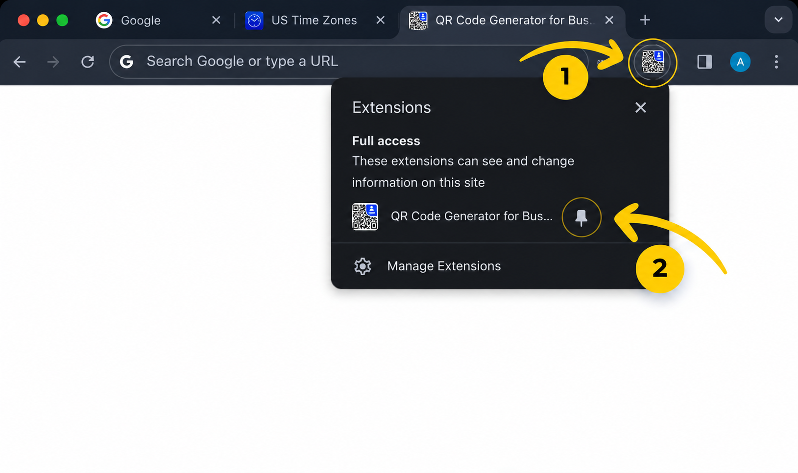 Open the Chrome extensions menu and pin QR Code Generator for Business Card